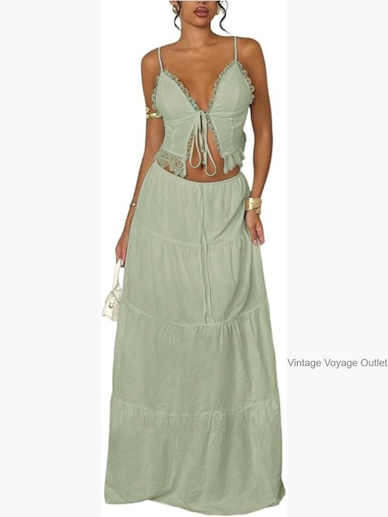 Lace Trim Tie Front Camisole Top Tiered Maxi Skirt Set Two Piece Outfit